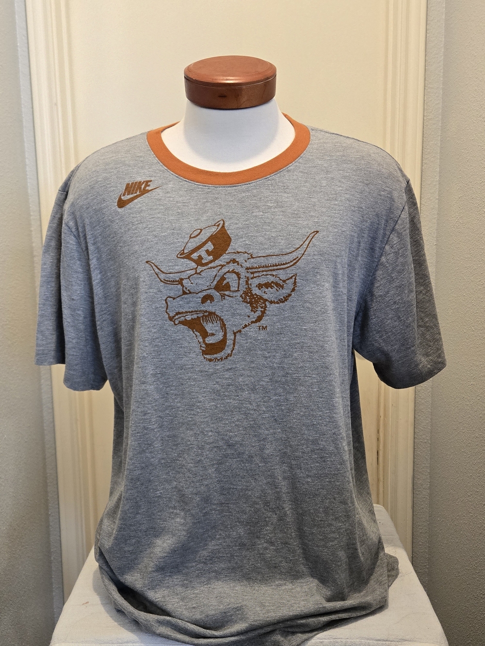 Nike, Texas Longhorns Gray Short Sleeve Ringer Tee with Orange Trim, XL